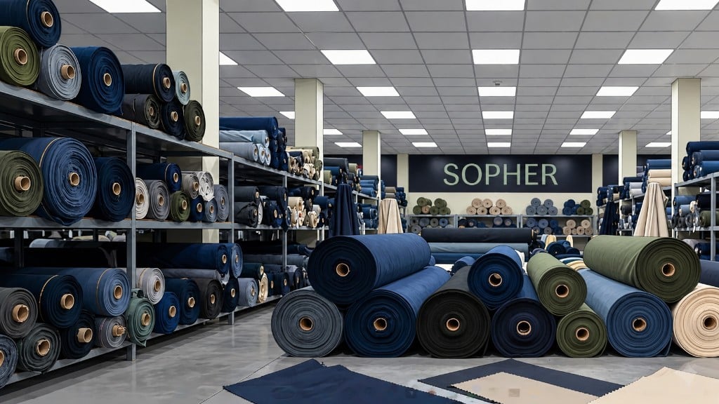 Premium suiting fabric rolls in deep navy and charcoal tones stacked in a professional textile warehouse with dramatic lighting